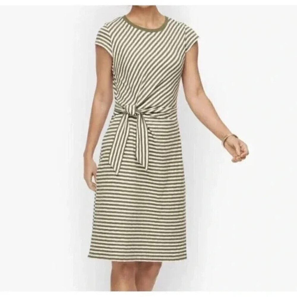 Talbots Olive and White Striped Tie-Waist Knit Dress